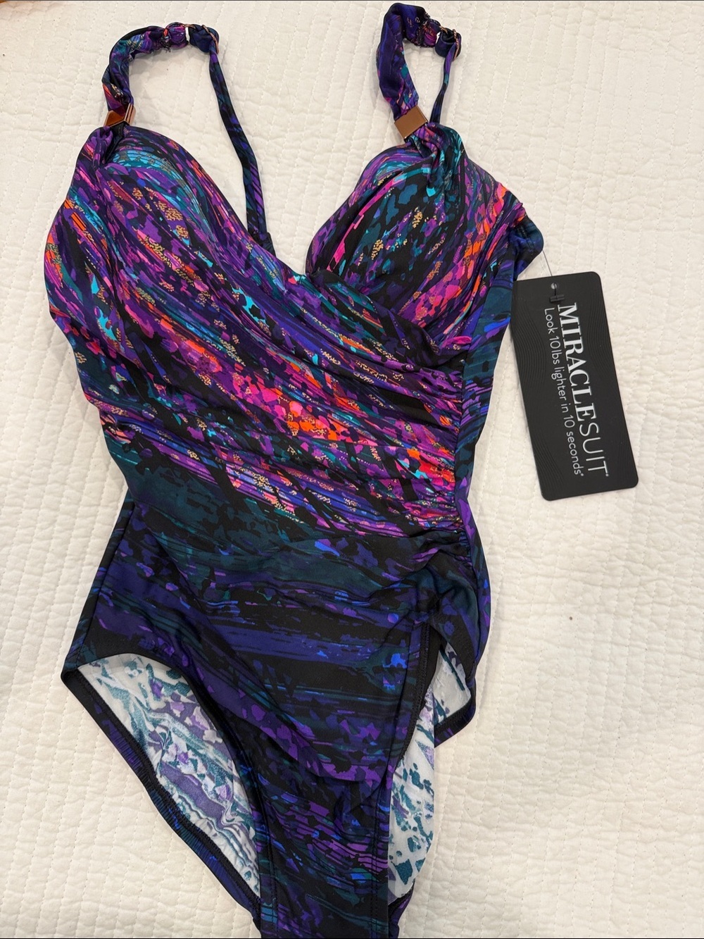 NWT Miraclesuit Dark Purple Multi-Print Ruched One-Piece Swimsuit sz 6